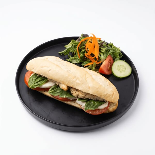 Chicken sandwich with tomato, mozzarella, and basil on a black plate, served with mixed greens, carrot ribbons, cucumber, and tomato.