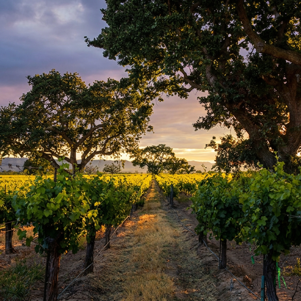 Golden sunset over a vineyard with rows of grapevines and large trees framing the scene.