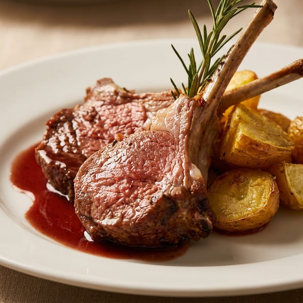Two lamb chops with rosemary and roasted potatoes on a white plate with red sauce.