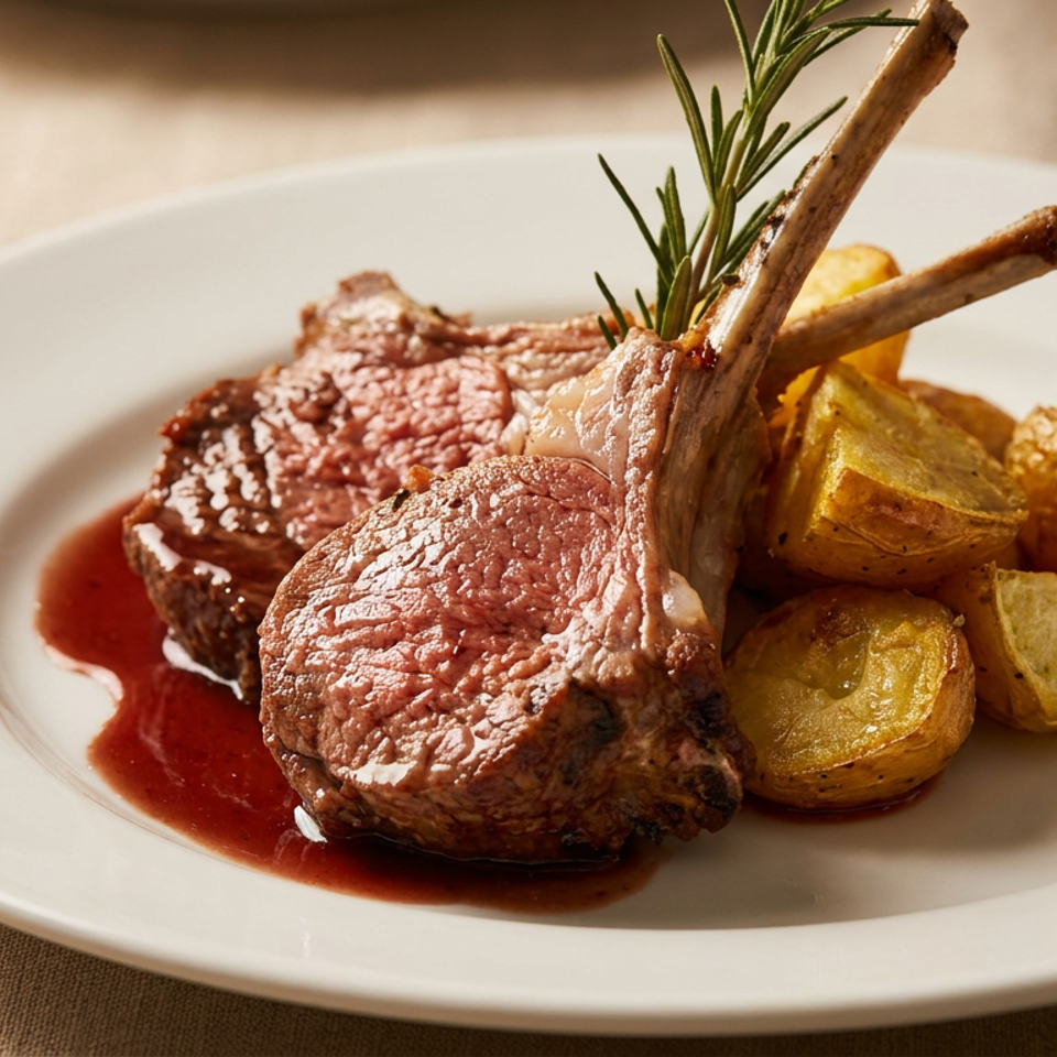 Two lamb chops with rosemary and roasted potatoes on a white plate with red sauce.