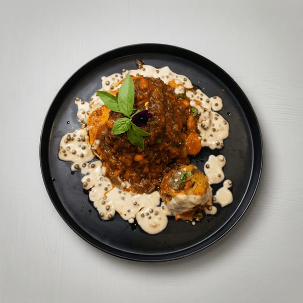 Plated gourmet entrée with spiced sauce, creamy peppercorn dressing, roasted vegetables, and basil garnish on a black plate.