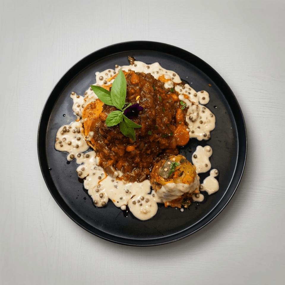 Plated gourmet entrée with spiced sauce, creamy peppercorn dressing, roasted vegetables, and basil garnish on a black plate.