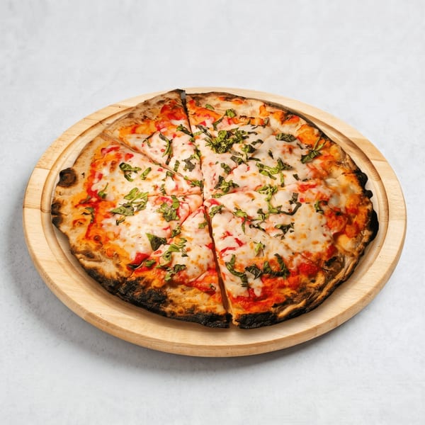 Neapolitan-style pizza with melted mozzarella, tomato sauce, and fresh basil on a wooden serving board.
