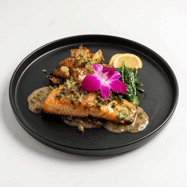 Grilled salmon with caper sauce, roasted potatoes, spinach, lemon, herbs, and an edible purple flower on a black plate.