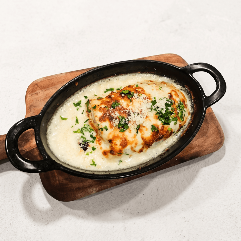 Baked cheesy chicken topped with herbs in a black oval skillet on a wooden trivet.