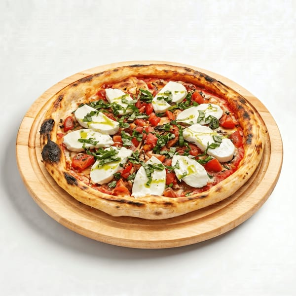 Wood-fired pizza topped with fresh mozzarella, diced tomatoes, basil, and olive oil on a wooden serving board.